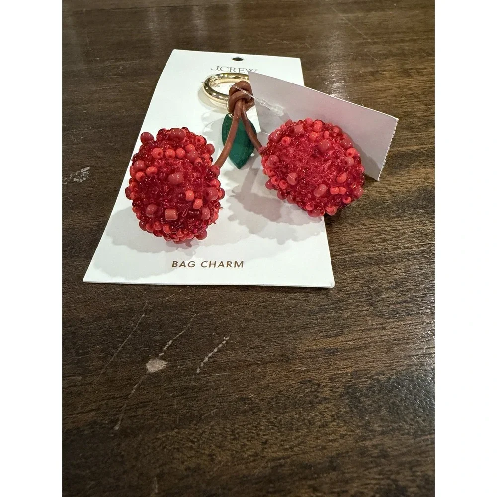 J.Crew Factory Beaded Cherry Bag Charm Keychain Red Green Multi-Color CQ821 New